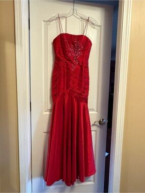 David's Bridal Red Strapless Embroidered Prom Gown